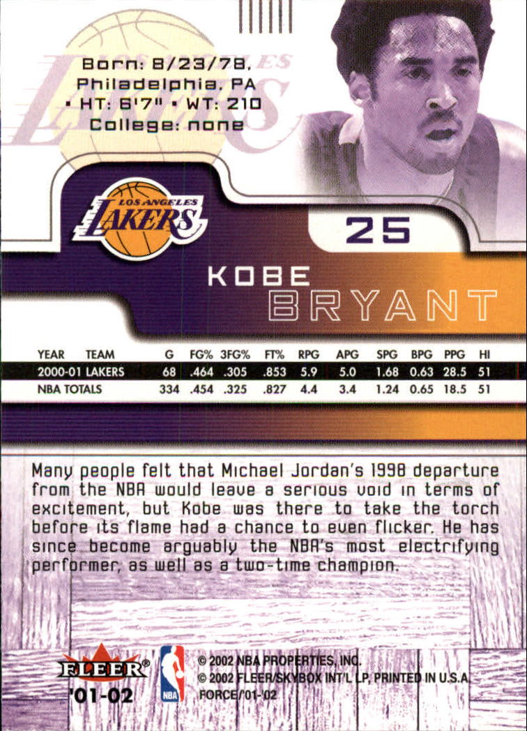 2001-02 Fleer Force #25 Kobe Bryant back image