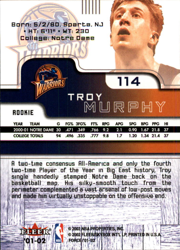 2001-02 Fleer Force #114 Troy Murphy RC back image