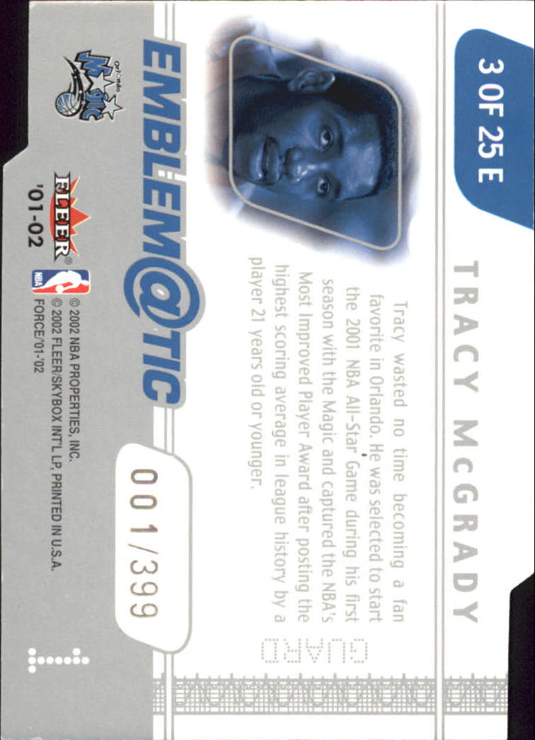 2001-02 Fleer Force Emblematic #3 Tracy McGrady back image