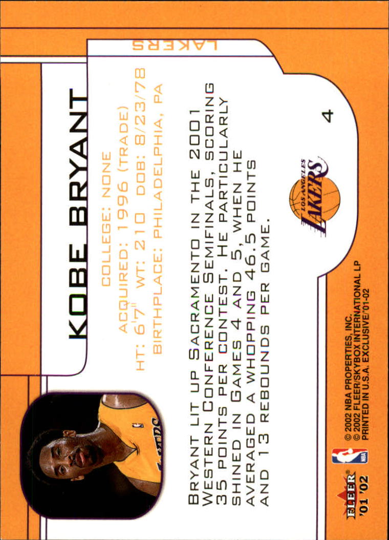 2001-02 Fleer Exclusive #4 Kobe Bryant back image