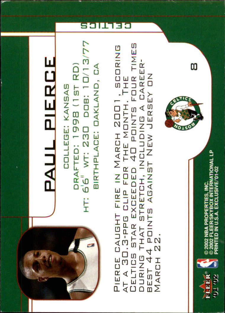 2001-02 Fleer Exclusive #8 Paul Pierce back image