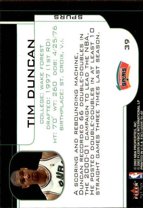 2001-02 Fleer Exclusive #39 Tim Duncan back image