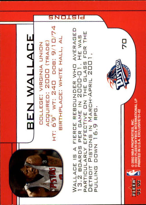 2001-02 Fleer Exclusive #70 Ben Wallace back image