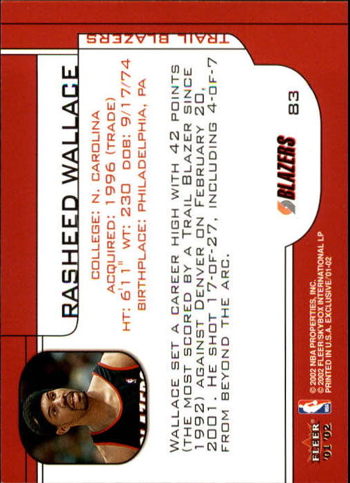 2001-02 Fleer Exclusive #83 Rasheed Wallace back image