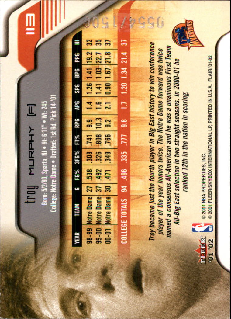 2001-02 Flair #113 Troy Murphy RC back image