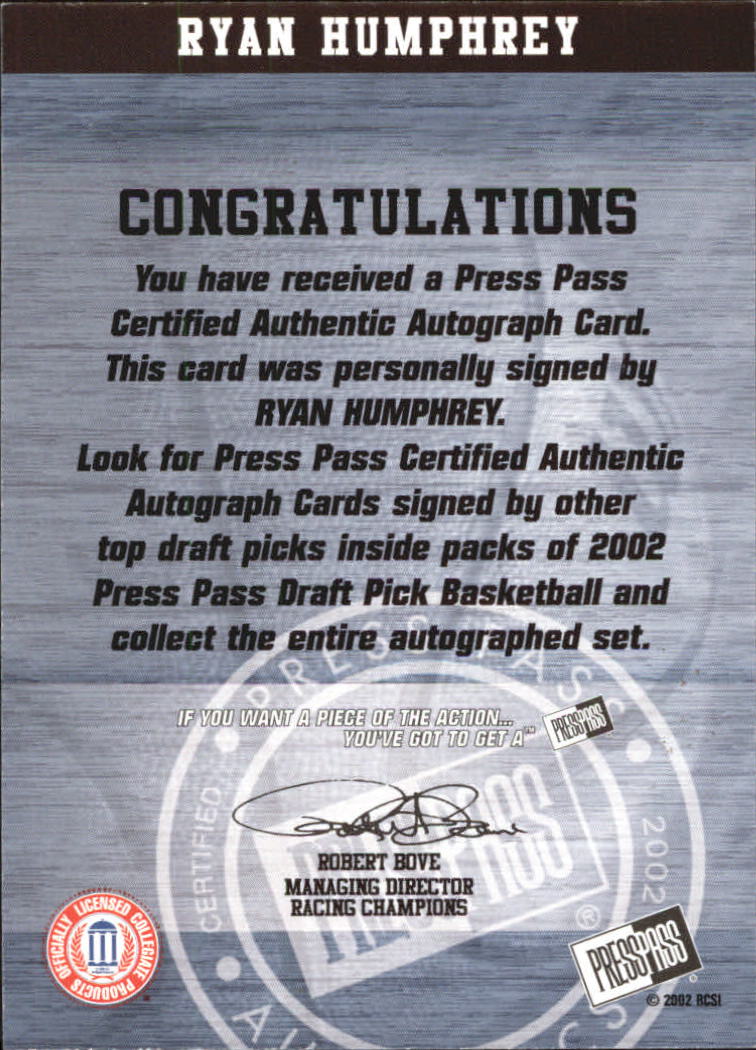 2002 Press Pass Autographs #15 Ryan Humphrey back image