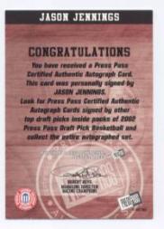 2002 Press Pass Autographs #18 Jason Jennings back image