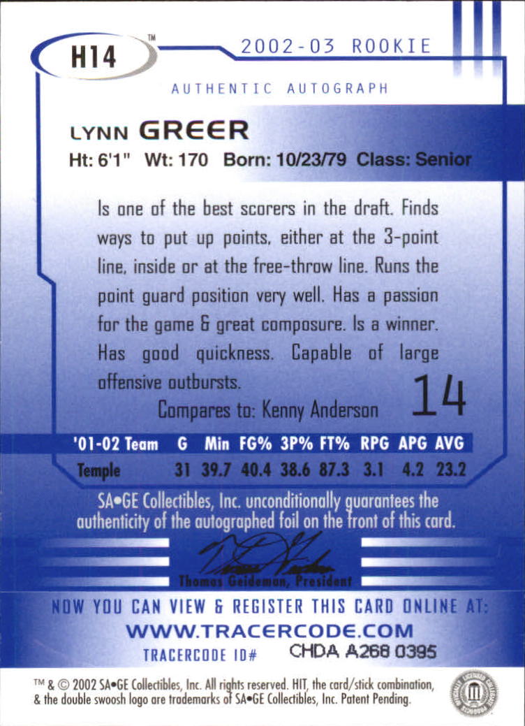 2002 SAGE HIT Autographs Gold #H14 Lynn Greer back image