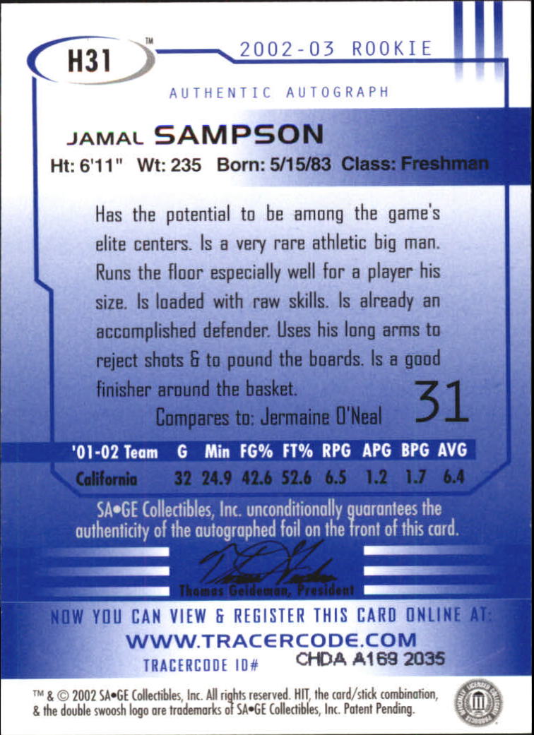 2002 SAGE HIT Autographs Gold #H31 Jamal Sampson back image