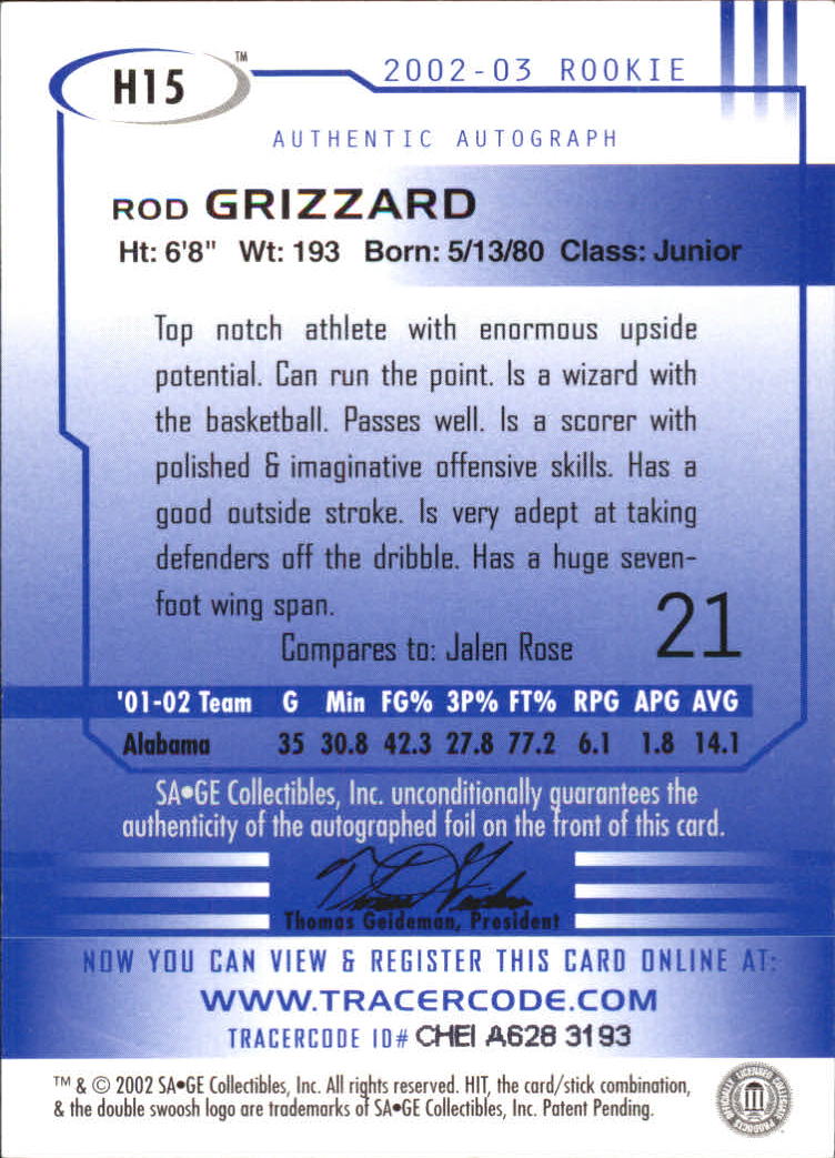 2002 SAGE HIT Autographs Silver #H15 Rod Grizzard back image