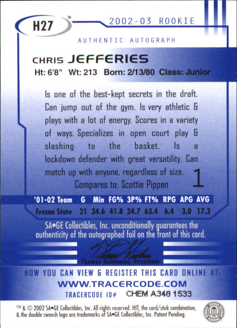 2002 SAGE HIT Autographs Silver #H27 Chris Jefferies back image
