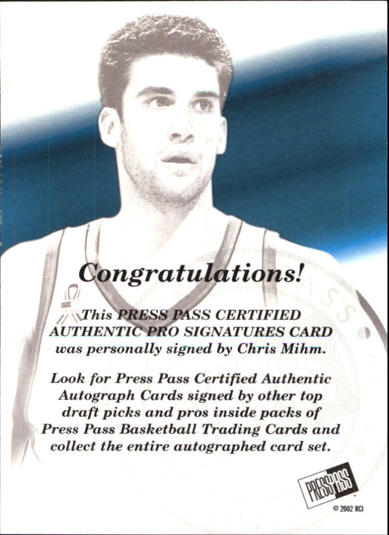 2002 Press Pass Pro Autographs #4 Chris Mihm back image