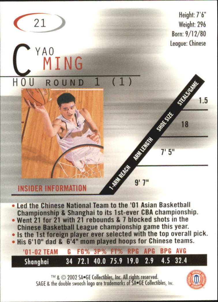 2002 SAGE #21 Yao Ming back image