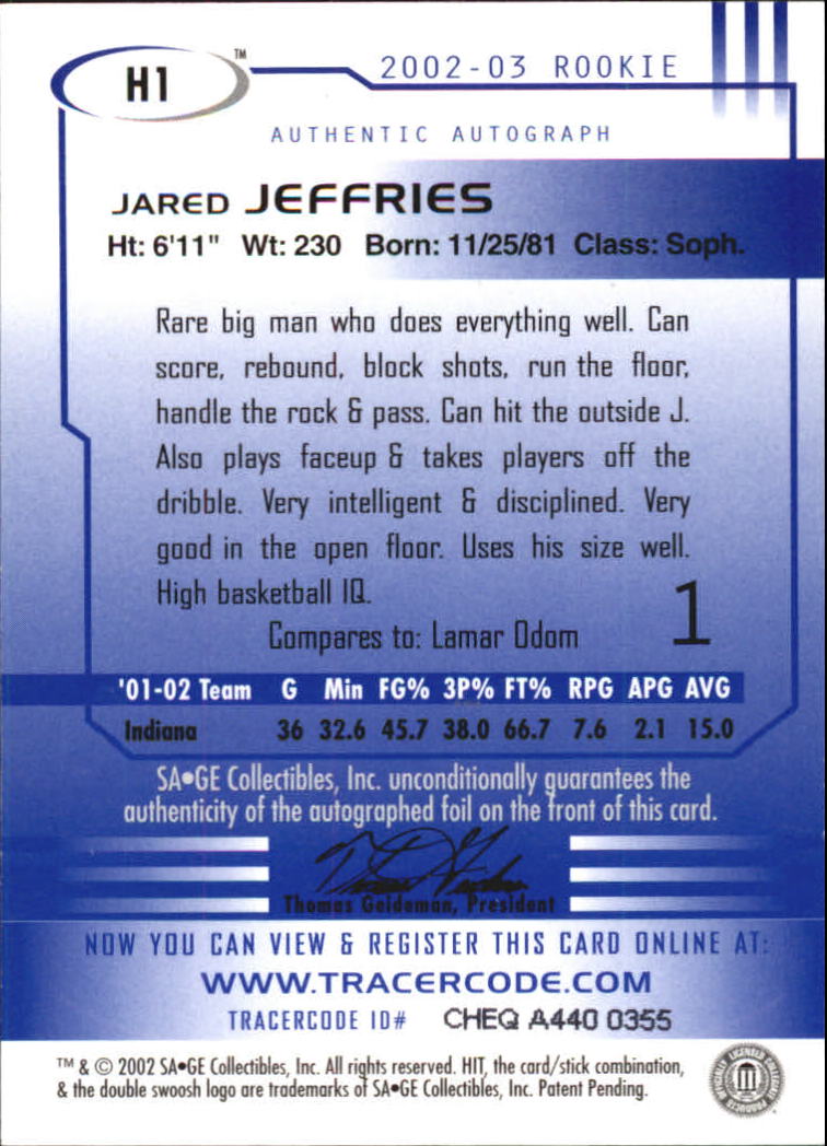 2002 SAGE HIT Autographs Emerald #H1 Jared Jeffries back image