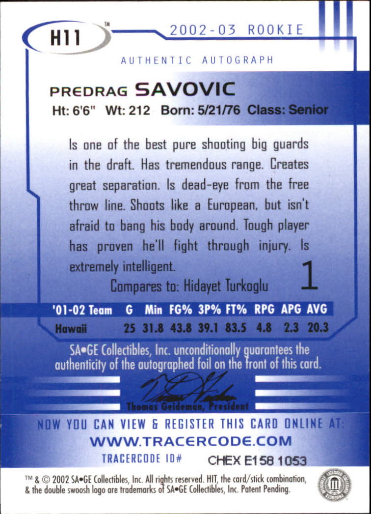 2002 SAGE HIT Autographs Emerald #H11 Predrag Savovic back image