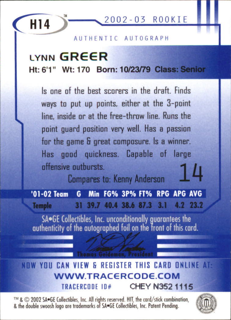 2002 SAGE HIT Autographs Emerald #H14 Lynn Greer back image