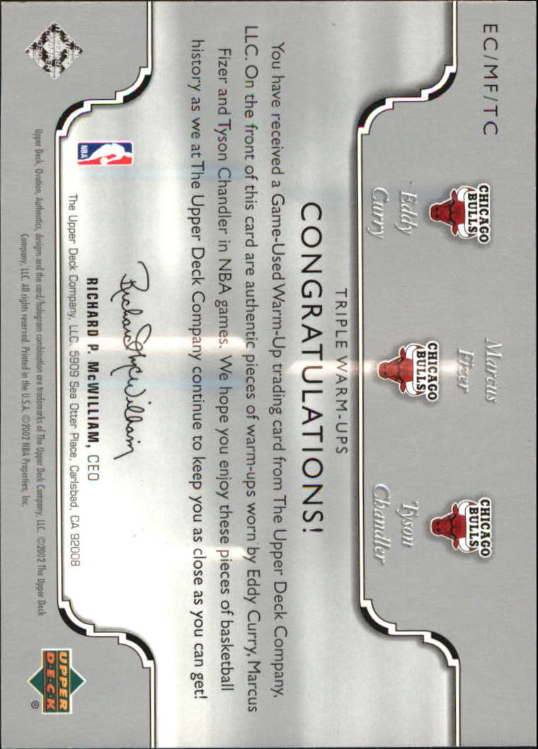 2002-03 Upper Deck Ovation Authentics Warm-Ups Triple #CFC Eddy Curry/Marcus Fizer/Tyson Chandler back image
