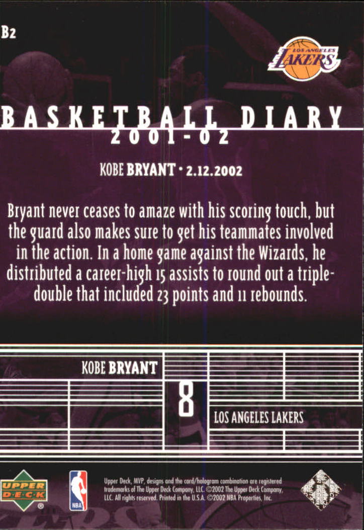 2002-03 Upper Deck MVP Basketball Diary #2 Kobe Bryant back image