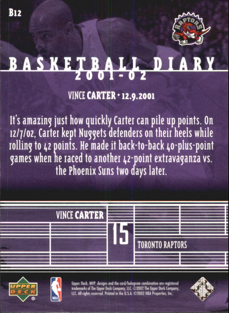 2002-03 Upper Deck MVP Basketball Diary #12 Vince Carter back image