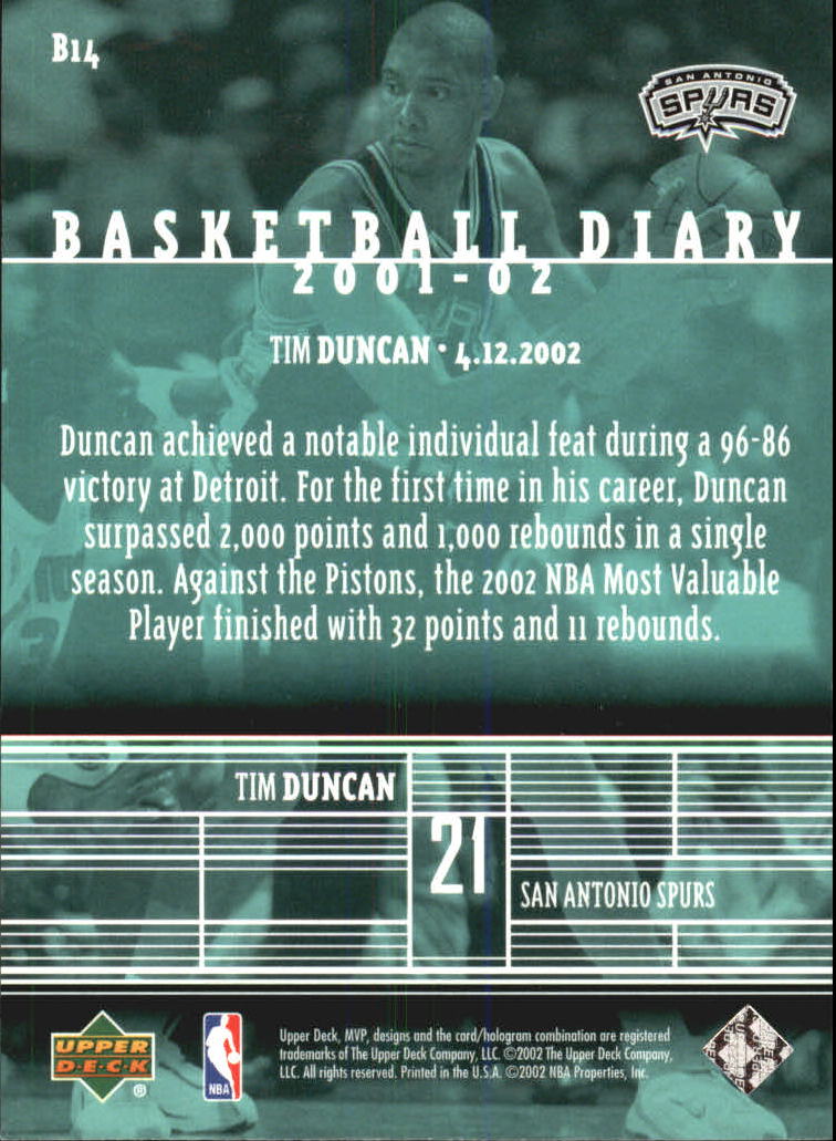 2002-03 Upper Deck MVP Basketball Diary #14 Tim Duncan back image