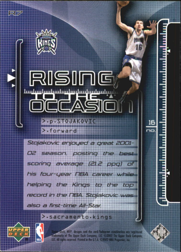 2002-03 Upper Deck MVP Rising to the Occasion #7 Peja Stojakovic back image