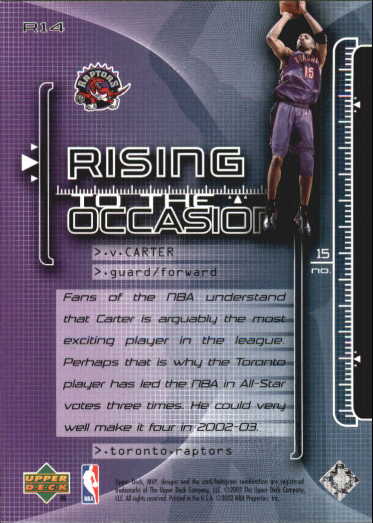 2002-03 Upper Deck MVP Rising to the Occasion #14 Vince Carter back image