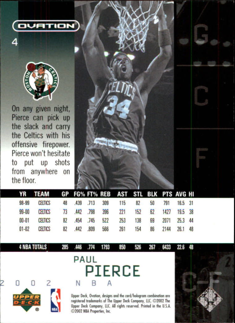 2002-03 Upper Deck Ovation #4 Paul Pierce back image