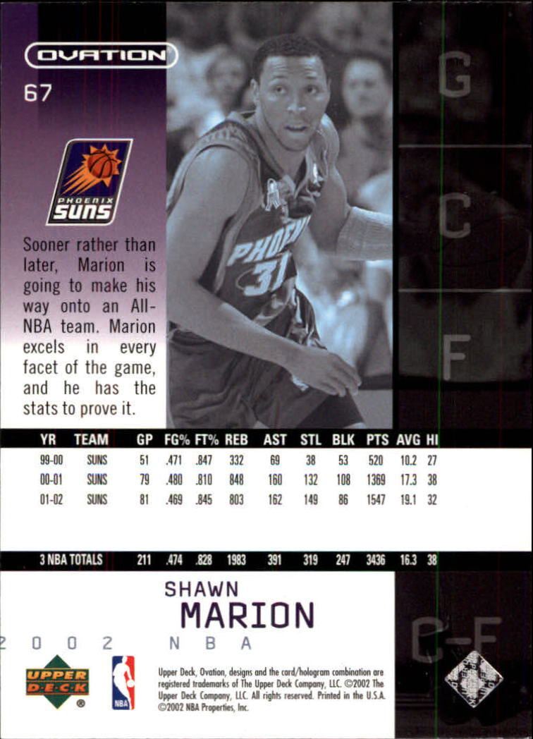 2002-03 Upper Deck Ovation #67 Shawn Marion back image