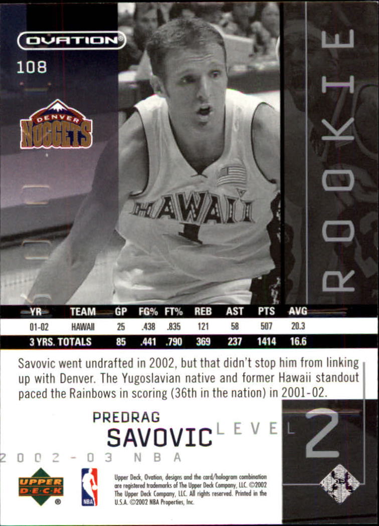 2002-03 Upper Deck Ovation #108 Predrag Savovic RC back image