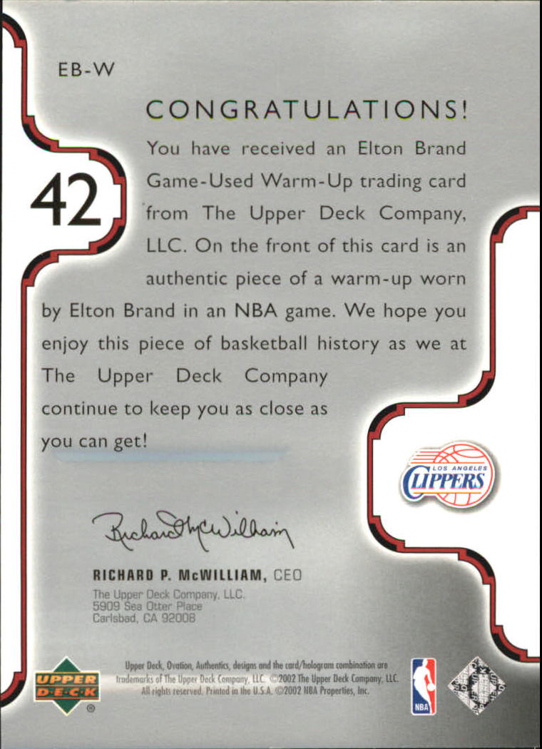 2002-03 Upper Deck Ovation Authentics Warm-Ups #EBW Elton Brand back image