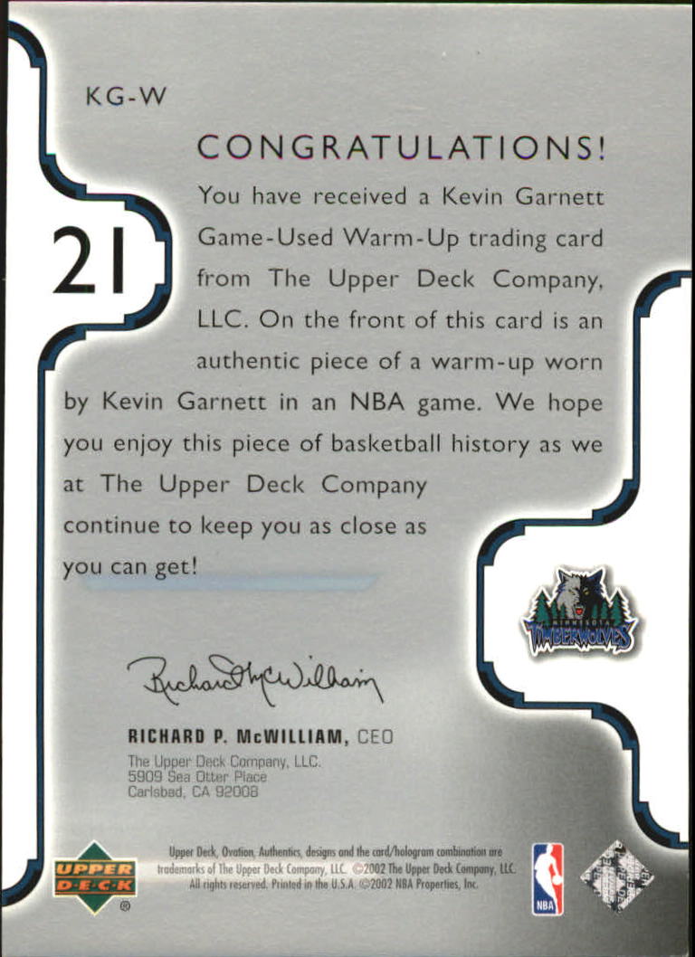 2002-03 Upper Deck Ovation Authentics Warm-Ups #KGW Kevin Garnett back image