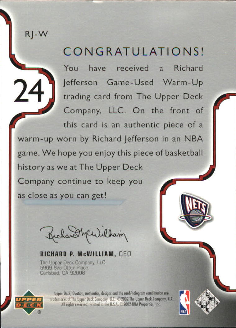 2002-03 Upper Deck Ovation Authentics Warm-Ups #RJW Richard Jefferson back image