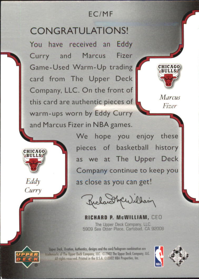 2002-03 Upper Deck Ovation Authentics Warm-Ups Dual #EC/MF Eddy Curry/Marcus Fizer back image