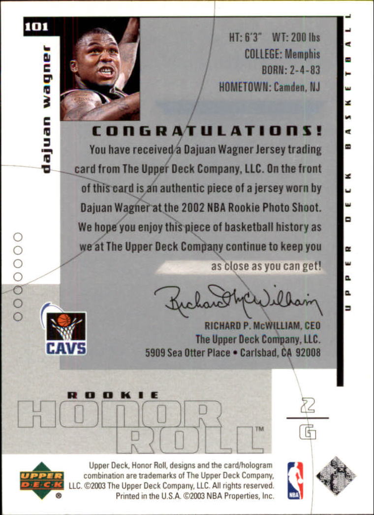 2002-03 Upper Deck Honor Roll #101 Dajuan Wagner JSY RC back image