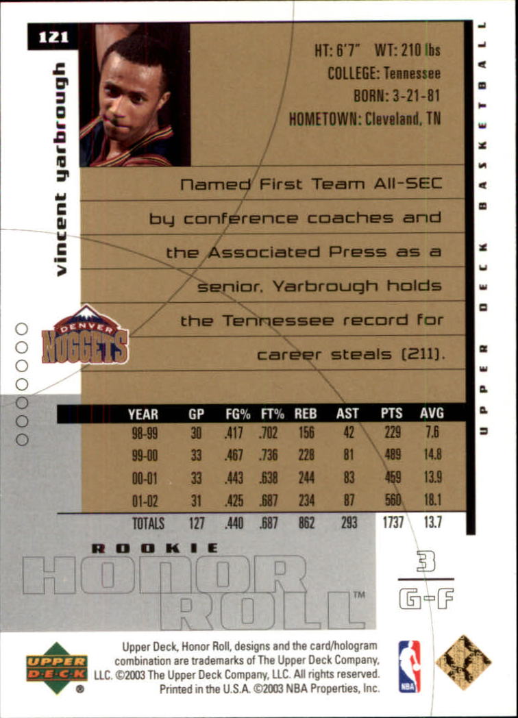 2002-03 Upper Deck Honor Roll #121 Vincent Yarbrough RC back image