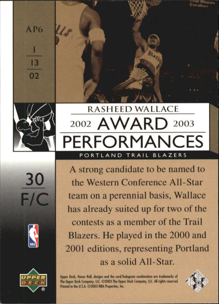 2002-03 Upper Deck Honor Roll Award Performances #AP6 Rasheed Wallace back image