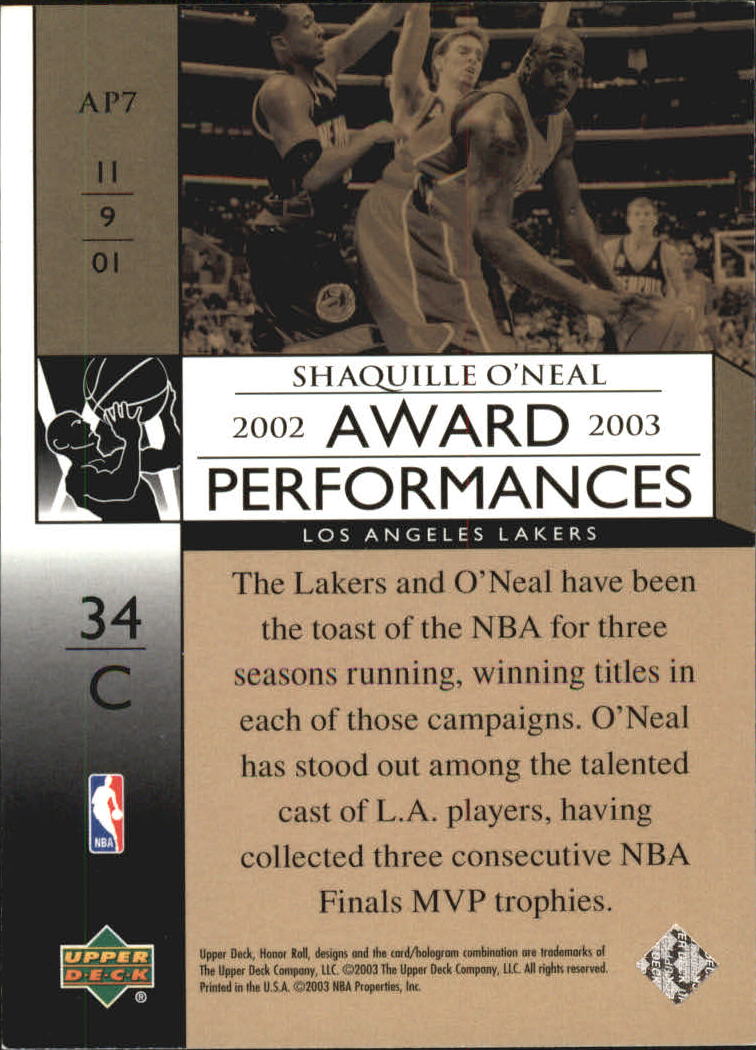 2002-03 Upper Deck Honor Roll Award Performances #AP7 Shaquille O'Neal back image