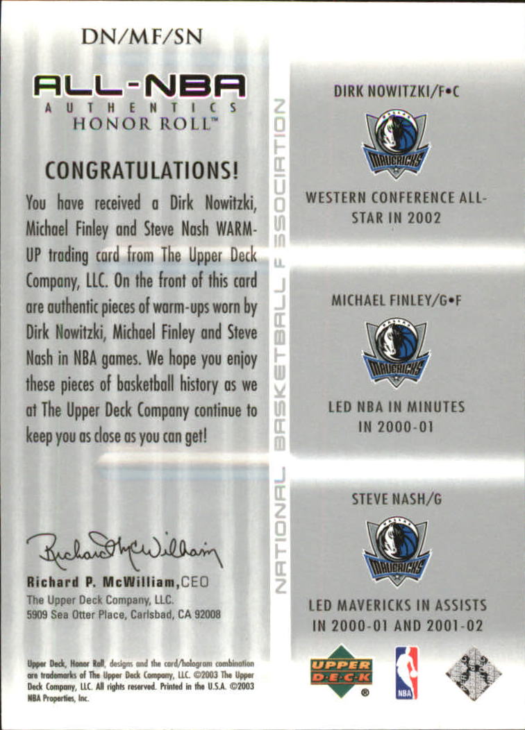2002-03 Upper Deck Honor Roll Triple Warm-ups #3 Dirk Nowitzki/Michael Finley/Steve Nash back image