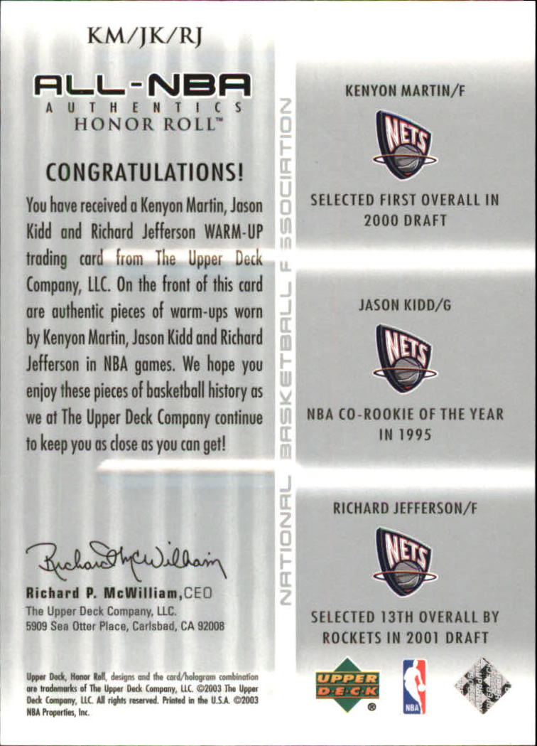 2002-03 Upper Deck Honor Roll Triple Warm-ups #6 Kenyon Martin/Jason Kidd/Richard Jefferson back image