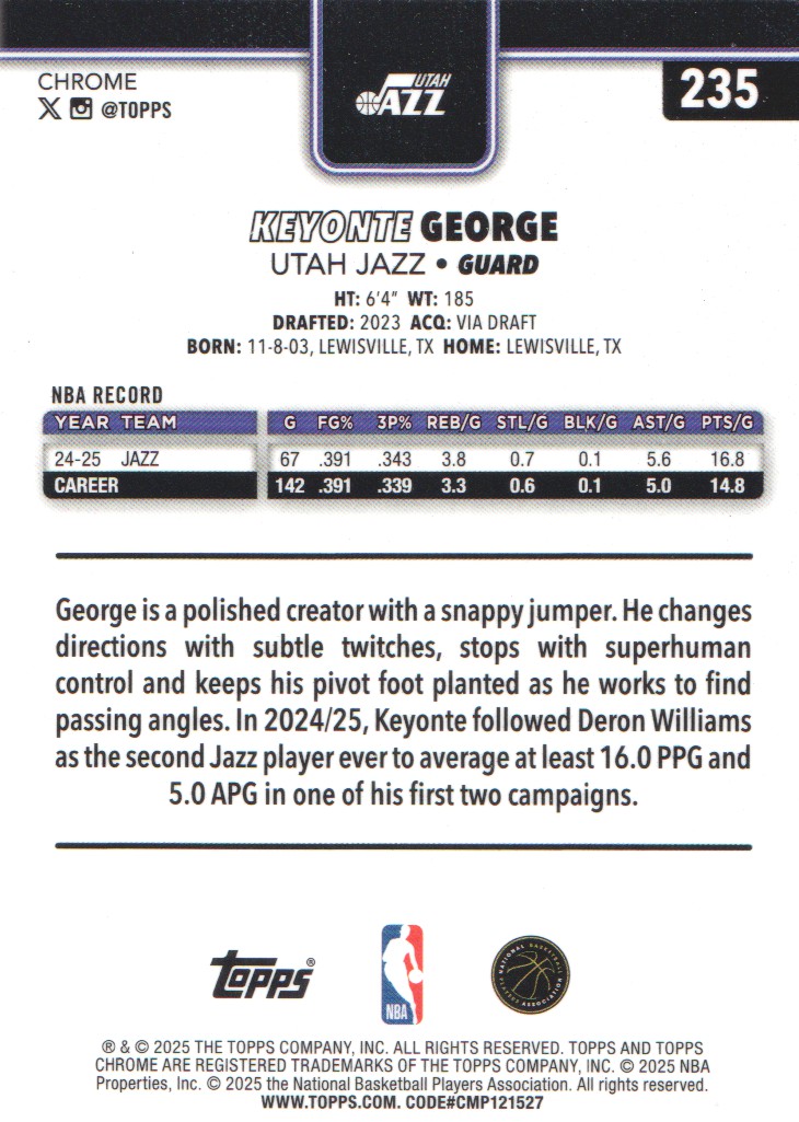 2025-26 Topps Chrome X-Fractors #235 Keyonte George