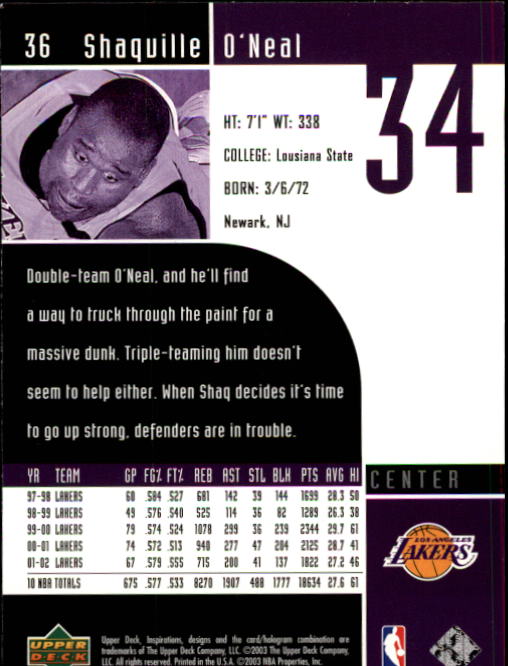 2002-03 Upper Deck Inspirations #36 Shaquille O'Neal back image