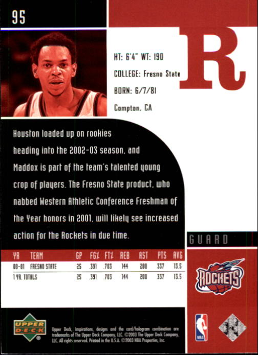 2002-03 Upper Deck Inspirations #95 Tito Maddox RC/Steve Francis back image