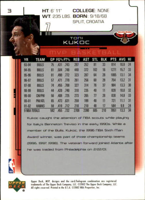 2002-03 Upper Deck MVP #3 Toni Kukoc back image