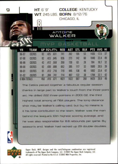 2002-03 Upper Deck MVP #9 Antoine Walker back image