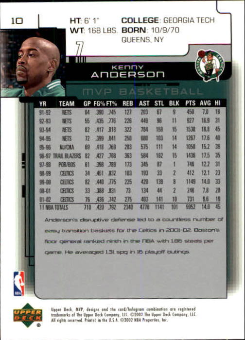2002-03 Upper Deck MVP #10 Kenny Anderson back image