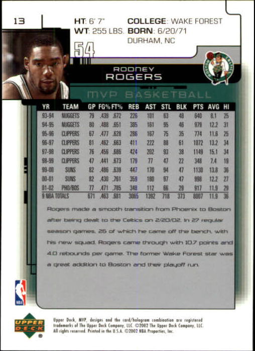2002-03 Upper Deck MVP #13 Rodney Rogers back image