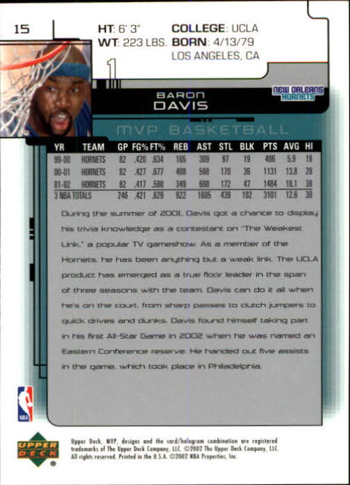 2002-03 Upper Deck MVP #15 Baron Davis back image