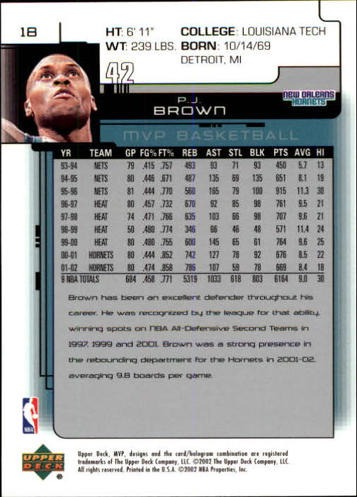 2002-03 Upper Deck MVP #18 P.J. Brown back image
