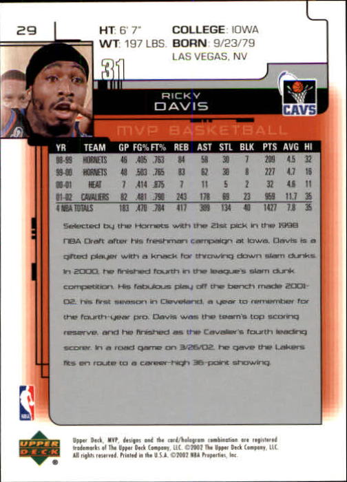 2002-03 Upper Deck MVP #29 Ricky Davis back image