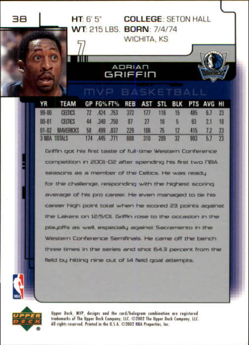 2002-03 Upper Deck MVP #38 Adrian Griffin back image